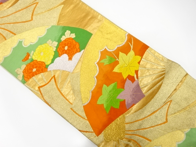 JAPANESE KIMONO / ANTIQUE FUKURO OBI / SILK / WOVEN KIKU & MAPLE